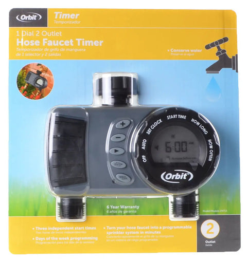 Front view of refurbished digital hose sprinkler timer with two valves for vacation watering, in packaging, easy setup