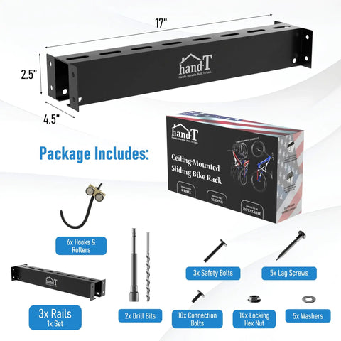 Components of Rugged Heavy Duty Ceiling Bike Rack That Slides For Up To Six Bicycles Overhead Garage Storage Mount displayed.