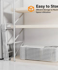 Ten Pack White Plastic Folding Chairs With Steel Frame Indoor Outdoor Portable Stackable Commercial Seating stored on shelves
