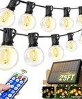 25Ft Solar String Lights Outdoor With Remote And Timer, Waterproof G40 LED Bulbs, solar panel and hand holding remote, patio lights