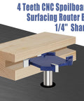 CNC Spoilboard Surfacing Router Bit With One Quarter Inch Shank Four Wing Carbide Rabbet Slot Cutter in use for woodworking.