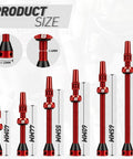 BWSHLF tubeless Presta valve stems in red anodized aluminum, seven sizes from 40 to 100 mm, with caps and valve-core remover tool