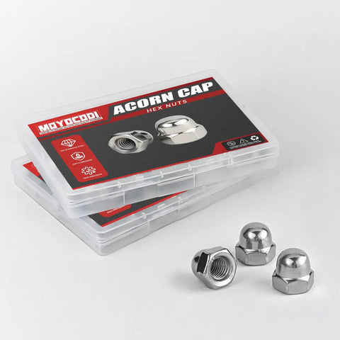 1/4-20 Stainless Acorn Nuts 30 Pack, 304 Stainless Steel 18-8 Bright Finish shown with packaging and loose nuts