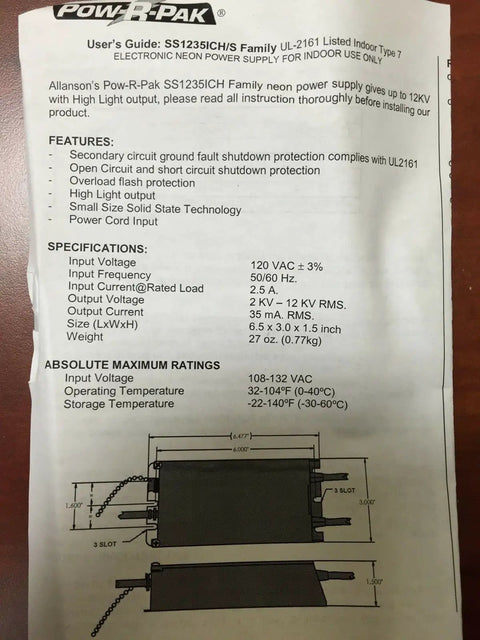 User guide for Neon Sign Transformer Power Supply For Small Signs 12,000-Volt 35 mA with specifications and diagram.
