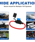 Rig Ready And Street Trusted Four Pack Inline Fuse Holder Kit With 12AWG Harness Featuring 35 Standard Blade Fuses Rated 5A To 40A shown in use for car, boat, motorcycle, golfer's cart, and LED lighting setups.