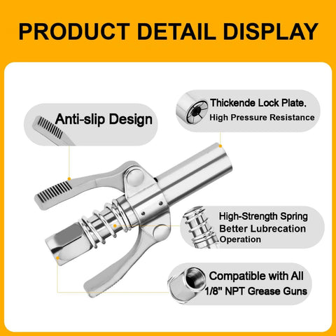 Grease gun coupler set, 2 pcs, leak-proof, quick-connect lock-on, 1/8 in NPT, compatible with grease guns.