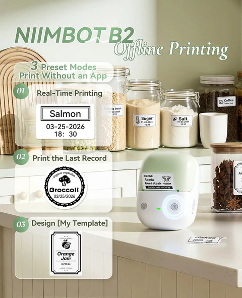 No Sweat Portable Label Maker With Bluetooth And One Touch Offline Printing For Sweet Home Office Organization Ready To Roll Including Tape In Classic Green White Finish on countertop with printed labels.