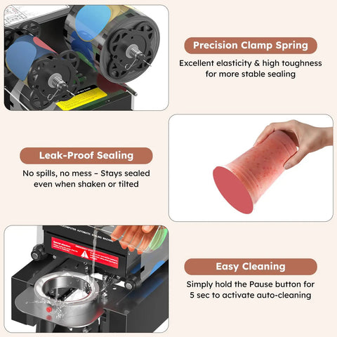 Full Auto Cup Sealing Machine For Bubble Tea Spots 88 89 90 95 Mm Electric Boba Sealer with features: clamp spring, leak-proof sealing, easy cleaning.
