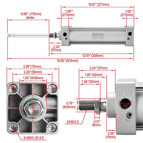 Detailed diagram of Heavy-Duty Tie Rod Pneumatic Air Cylinder 63mm Bore 175mm Stroke PT 3 by 8 Port Double Acting.