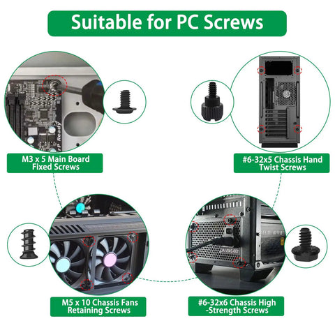 Diagram of 516Pcs Computer Screw Kit showcasing M3, 6-32 standoffs, and high-strength screws for PC components and ATX chassis.