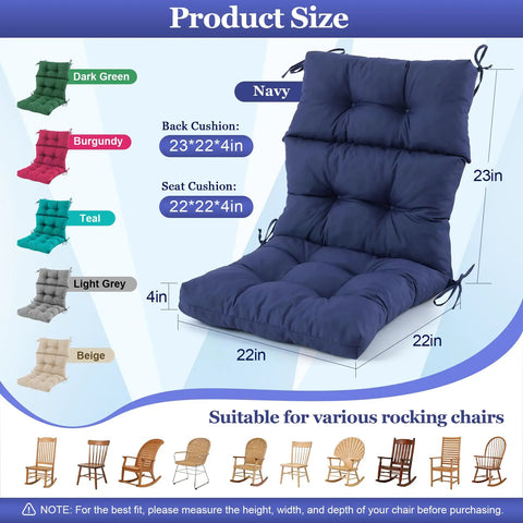 All Weather Memory Foam Rocking Chair Cushion Set Navy Blue With High Back Design Waterproof And Fade Resistant Indoor Outdoor Rocking Chair Pads With Ties For Cozy Comfort Fits Most Chairs 23 By 44 Inches