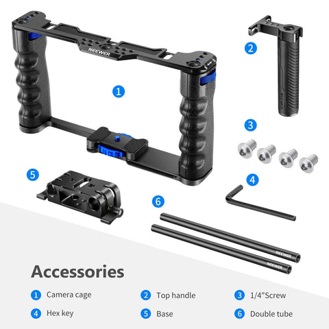 Aluminum Camera Cage Filmmaking Rig With Top Handle And Dual Grips Arca Type Base Universal Compatibility With Sony A7S III A7 IV A6600 Canon EOS R5 C R5 R6 Nikon Z Series Blackmagic X T4 Fujifilm Pentax Blue shown with accessories including base, rods, screws, and hex key.