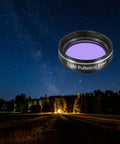 1.25 Inch Light Pollution Filter for Telescope with Metal Cell and Optical Glass displayed against a starry sky backdrop.