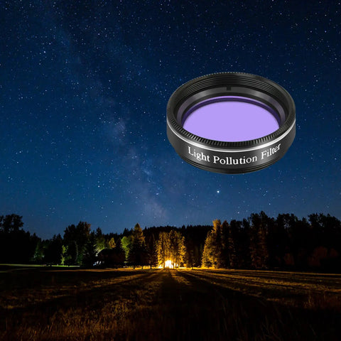 1.25 Inch Light Pollution Filter for Telescope with Metal Cell and Optical Glass displayed against a starry sky backdrop.