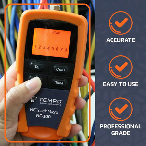 High Precision Cable Test Tool for Voice Data Video and Ethernet Coax with Netcat Micro Wiring Tester, Fast Measurements, Three Tone Patterns, and Accurate Short Open Reversed Polarity Crossed and Split Pair Detection