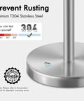 Freestanding Brushed Stainless Steel Toilet Paper Holder With Rock Solid Heavy Base Holds Three Rolls Anti Tip Bathroom Storage Stand Game Changer Setup showing water droplet on premium T304 stainless steel.