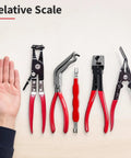 Hot Deals On This 5-In-1 Hose Clamp Pliers Kit, The Ultimate Auto Repair Tool For Tightening And Removing Clamps With Ease. Durable Metal Build Ensures Long Life While You Tackle Any Vehicle Maintenance Job Or DIY Fixin Like A Pro Mechanic In No Time At. five hose clamp pliers shown with hand for scale