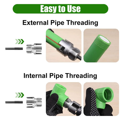 Dual Action PVC Pipe Threading Tool Kit with Internal and External Threads for Half Inch Three Quarter Inch and One Inch PVC Pipes