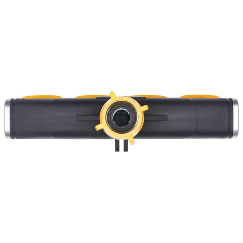4 Way Lever Flow Through Valve Connector Bundle For Garden Hoses, High Volume Valves, Longer Levers, Vertical Operation, Metal Hose Threads, EZ Flow 4 Way Control, Yellow And Black front view