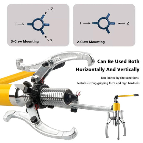 Heavy Duty Hydraulic Bearing Puller Kit Handles Hubs Gears Pulleys From Shafts Using 2 Or 3 Jaw Options For Max Grip While Doing Vertical And Horizontal Jobs Comes With Storage Case Making Job Easier For You Pro Mechanic Working Today Right Now, 3-jaw and 2-jaw mounting