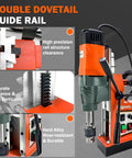 Heavy Duty 1800W Magnetic Drill Press With 2 Inch Boring Diameter Delivers Massive 3102Lbf Pull Force For Industrial Metalworking And Home Improvement Projects Featuring High Speed 760 RPM Electric Drilling Machine, showcasing double dovetail guide rail.