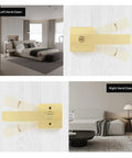 Six Pack Gold Door Knobs With Modern Curved Corner Design for left and right door opening, shown in bedroom and living room settings.
