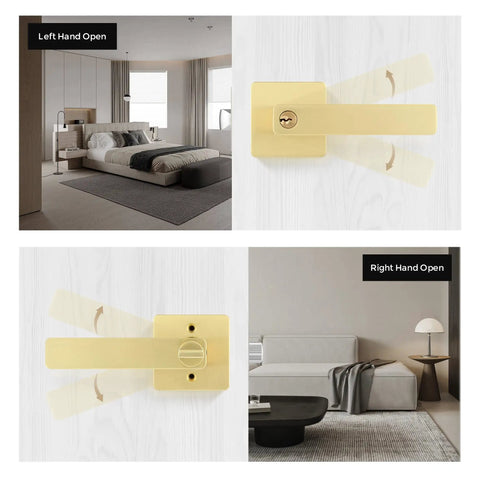 Six Pack Gold Door Knobs With Modern Curved Corner Design for left and right door opening, shown in bedroom and living room settings.