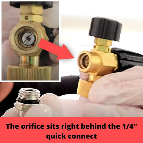 1.1mm Foam Cannon Orifice Nozzle Universal Fit Brass 2 Pack For Thick Foam Enhancement shown with quick connect details