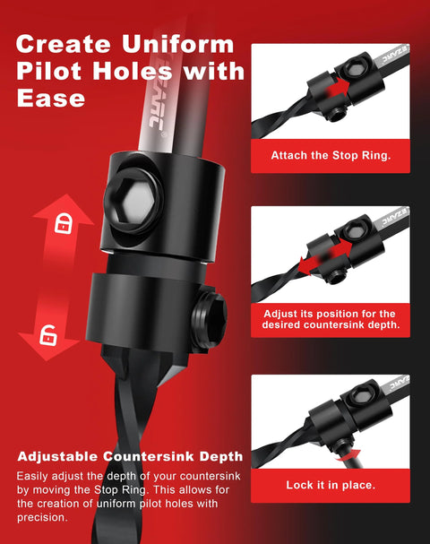 EZARC countersink drill bit set with 1/4-inch hex shank, black metal bits for woodworking.