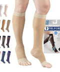 Womens Knee High Compression Stockings 15 To 20 Mmhg Sheer Nude Nylons 20 Denier Open Toe Support Hose, displayed in various colors.