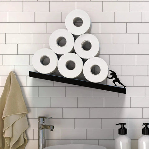 Floating Toilet Paper Shelf Organizer For Bathroom Wall Mount Tilted Holder For Tissue Rolls Wipes Towels And More Dope Modern Decor That Elevates Your Space And Keeps Essentials Handy Sisyphus Black with stacked tissue rolls.