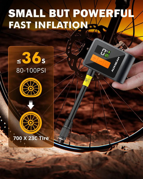 Tiny Bike Pump With Gauge And Auto Shutoff, 120 PSI On The Go Electric Bicycle Pump For Presta And Schrader Valves, Fast Inflation For Road, Mountain, City Bikes EBikes And Sports Balls
