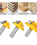 Killer 45 Degree Lock Miter Router Bit Set With Half Inch Shank And Hardcore Carbide Blades For Woodworking Joints and No Fuss Smooth Cuts In ThirtyOne SixtyFourth ThreeQuarter And One Inch Lumber Shop Ready, three carbide router bits.