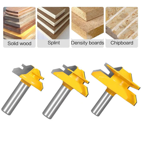 Killer 45 Degree Lock Miter Router Bit Set With Half Inch Shank And Hardcore Carbide Blades For Woodworking Joints and No Fuss Smooth Cuts In ThirtyOne SixtyFourth ThreeQuarter And One Inch Lumber Shop Ready, three carbide router bits.