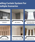 Room Divider Curtain Set With Bendable White Track And Blackout Black Drape Ceiling Mounted Privacy Screen For Bedroom Or Studio Extra Wide 1 Panel Width 8.3 Ft By Height 8 Ft shown in various installation scenarios.