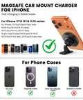Graphic showing a Magsafe car mount charger for iPhone with compatible models from iPhone 12 to 17 series.