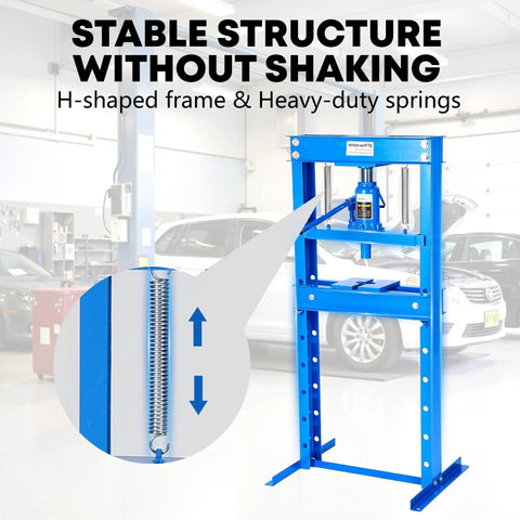 20 Ton Hydraulic Shop Press With H Frame, Adjustable Height Table And Stamping Plates, shown in a blue heavy-duty structure