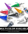 Titanium Spike License Plate Screws Four Pack For Cars Trucks And Motorcycles Anti Theft Spike Bolts shown in assorted colors