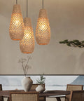 Boho Rattan Pendant Light Fixture, Mini Farmhouse Natural Chandelier Ceiling Lamp over dining table