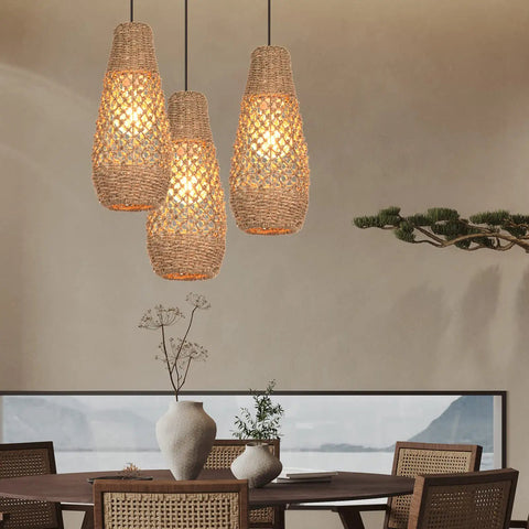 Boho Rattan Pendant Light Fixture, Mini Farmhouse Natural Chandelier Ceiling Lamp over dining table