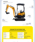Image of a Compact Hydraulic Mini Excavator for Farm Work and Landscaping with specifications and labeled parts displayed.