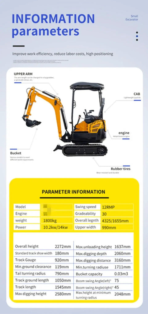 Image of a Compact Hydraulic Mini Excavator for Farm Work and Landscaping with specifications and labeled parts displayed.