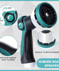 Close-up of ten-mode spray nozzle, anti-slip handle for Stainless Steel Garden Hose 100ft With Ten-Mode Spray Nozzle No-Kink Lightweight