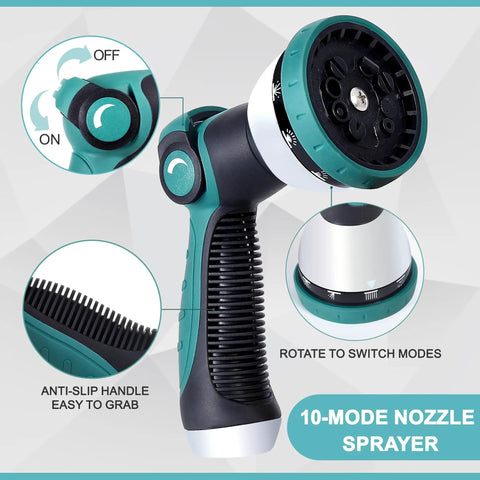 Close-up of ten-mode spray nozzle, anti-slip handle for Stainless Steel Garden Hose 100ft With Ten-Mode Spray Nozzle No-Kink Lightweight