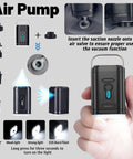 Handheld air pump with blue accent and multiple nozzle attachments for luggage vacuum sealing