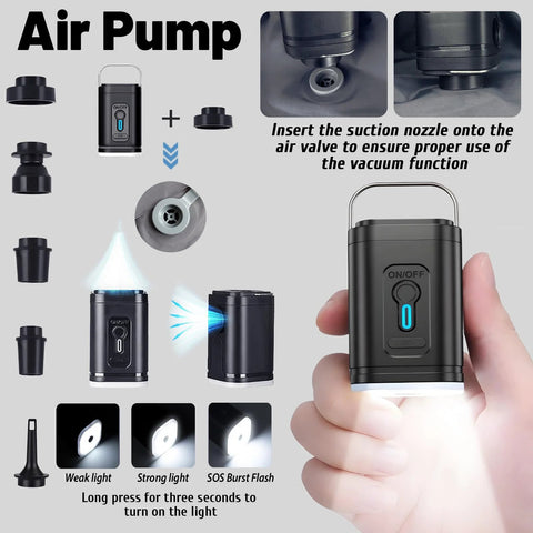 Handheld air pump with blue accent and multiple nozzle attachments for luggage vacuum sealing