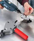 Power Sheet Metal Shear Drill Attachment Metal Cutter Head For 12 Volt Drills cutting thin steel sheet with drill.