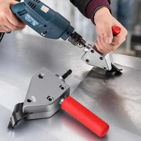Power Sheet Metal Shear Drill Attachment Metal Cutter Head For 12 Volt Drills cutting thin steel sheet with drill.