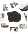 Non Slip Furniture Pads 24 Pack 2 Inch Floor Protectors for Hardwood Tile Laminate shown with couches, beds, chairs, and appliances.