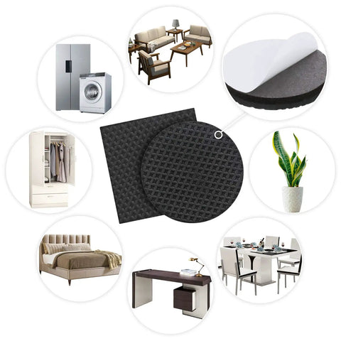 Non Slip Furniture Pads 24 Pack 2 Inch Floor Protectors for Hardwood Tile Laminate shown with couches, beds, chairs, and appliances.
